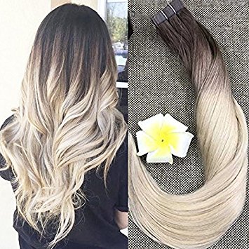 Full Shine18" Balayage Hair Extensions Ombre Pu Tape in Hair Extensions Dip Dye Real Hair Extensions Color #3 and #8 Brwon Fading to #613Blonde Real Hair Glue in Extensions 50g 20 Pcs Per Package