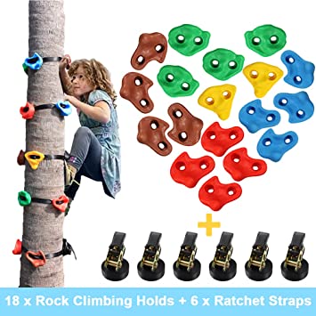 Newtion 18 Ninja Tree Climbing Holds and 6 Ratchet Straps for Kids and Adult Climber,Adult Climbing Rocks for Warrior Obstacle Course Training,Kids Climbing Rope for Outdoor Playground Equipment