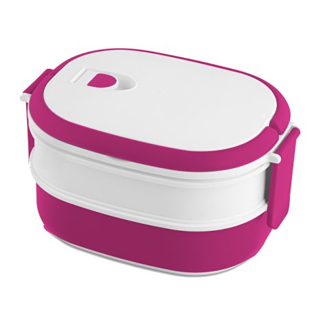 Modernhome Double Stacked Rectangular Microwavable Lunch Bowl, Magenta