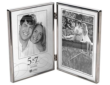 Malden International Designs Simplicity Bright Metal Hinged Picture Frame, Double Vertical, 2-5x7, Silver