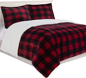 Elegant Comfort 3-Piece Buffalo Lodge-Plaid Comforter Set, Luxurious, Heavyweight, All Season, Down Alternative-Micromink Sherpa-Backing Reversible Micro-Suede, Soft and Plush, King, Burgundy/Black