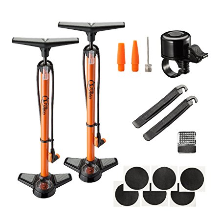 Via Velo 2 x Bike Floor Pump W Solid Big Steel Base,High Performance 160 PSI Bicycle Pump with Gauge and Schrader & Presta Valve & 2 sets Glue-less Puncture Repair Kits and 2 Bells Free
