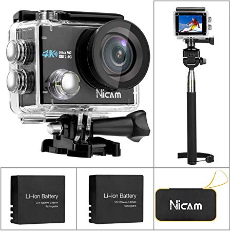 Nicam WiFi Sports Action Camera, 4K 12MP Ultra HD Waterproof DV Camcorder, 170 Degree Wide Angle with 2 x 1050 mAh Batteries, Selfie Stick and Portable Carry Bag