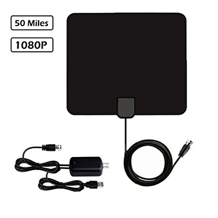 HD TV Antenna, Wishpower 50 Mile Range 1080P Indoor Digital TV Antenna with USB Powered Detachable Amplifier Signal Booster and 13ft High Performance Coax Cable