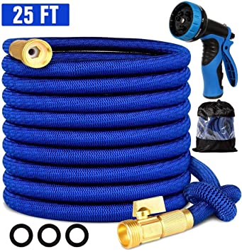 LINQUO 25ft Expandable Garden Hose with 9 Function Nozzle, Leakproof Lightweight Retractable Water Hose with Solid Brass Fittings, All New 2020 Extra Strength Durable Gardening Flexible Hose Pipe