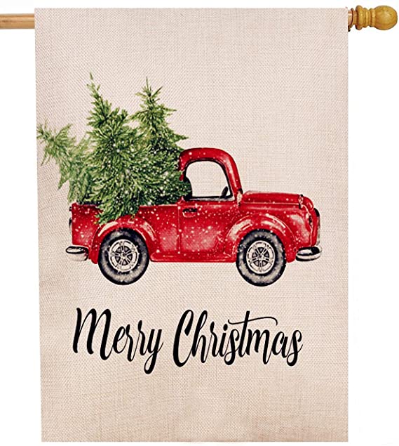 Dyrenson Merry Christmas Red Truck 28 x 40 House Flag Vintage Tree Double Sided, Xmas Quote Burlap Garden Yard Decoration, Rustic Winter Seasonal Outdoor Décor Decorative New Year Holiday Large Flag