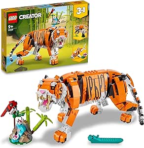 LEGO 31129 Creator 3 en 1 Sa Majesté Le Tigre, Jouets Animaux pour Filles et Garçons dès 9 Ans, Figurines Panda, Poisson