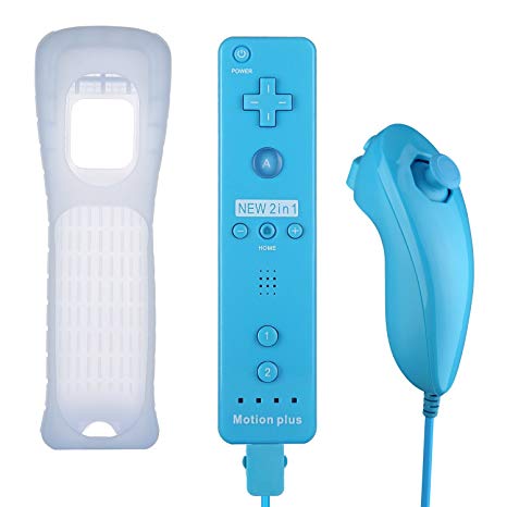 Stoga Wii Controller Built in 2 in 1 Motion Plus Remote Control and Nunchuckcon Silicon Case for Nintendo Wii Case in Blue