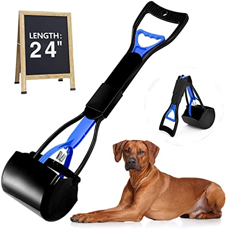 Pet Pooper Scooper, Foldable Pooper Scooper for Dogs with 24 Inch Long Handle, Premium Materials Poop Waste Pick Up Rake with Double Spring, 100% Seal Jaw Claw Bin Great To Grass, Dirt, Gravel Pick Up