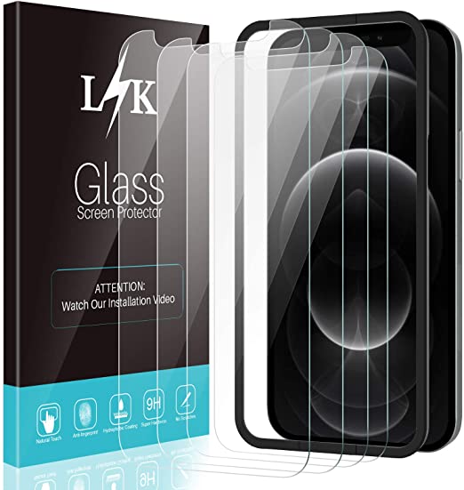 4 Pack LϟK Screen Protector Compatible for iPhone 12 and iPhone 12 Pro 6.1 - inch Tempered-Glass Easy Installation Tray 9H Hardness Case Friendly, Clear