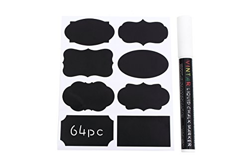 Chalkboard Labels, Vintar 64 Premium and Reusable Chalkboard Label Stickers with Smooth Liquid Erasable White Chalk Marker for Your Home Office Kitchen Jars Tins or Any Other Storage Stickers Label.