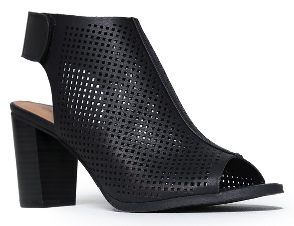 Peep Toe Sandal - Perforated Bootie Low Stacked Heel - Open Toe Ankle Perforated Heel Cutout Velcro Enclosure - Women's Comfortable Casual Walking Sandal