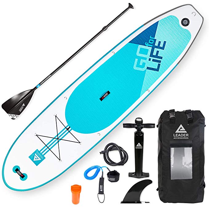Leader Accessories 10'6" and 11'2" Inflatable Stand Up Board with Fins (6" Thick) Includes Adjustable Paddle,Kayak Leash,ISUP Backpack,Pump with Gauge