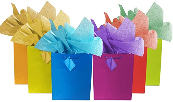 Adorox 12 Assorted (13" h x 10" w x 4 1/2" d)   24 Tissue (20" x 26"). Bright Neon Colored Party Present Paper Gift Bags Birthday Wedding All Occasion
