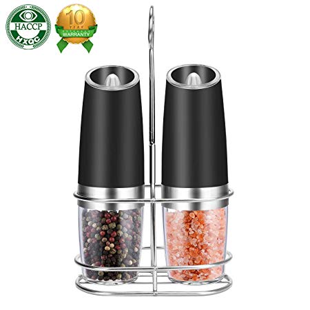 Electric Salt and Pepper Grinder Set with Gravity Control, Refillable Coarseness Adjustable Battery Operated Pepper Mill with Blue LED Light (Black)