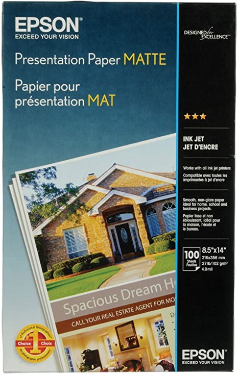 Epson Presentation Paper MATTE (8.5x14 Inches, 100 Sheets) (S041067),Bright White