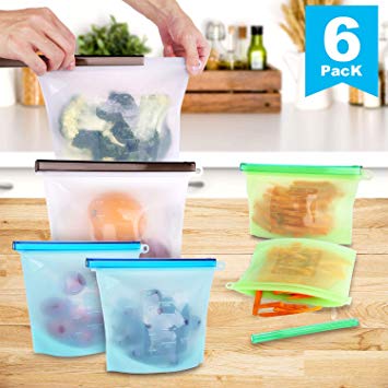 Reusable Food Storage Bags, Fvgia Reusable Silicone Food Bag Leakproof Reusable Sandwich Bags Eco-Friendly Reusable Bags for Vegetables Fruits Snacks (6 Packs)