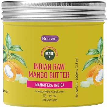 BONSOUL Indian Organic Mango Seed Butter | Raw, Unrefined | Dry Skin, Hands, Body Moisturizer | (100 GMS-Glass Jar) (100 GMS)
