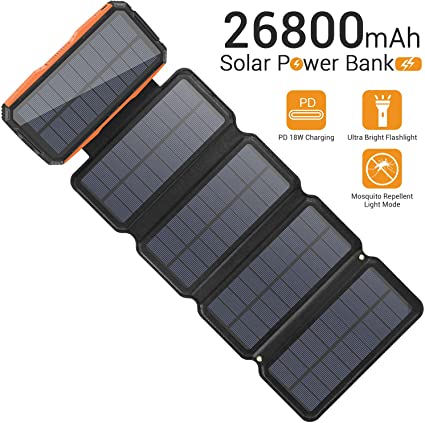 Sendowtek Solar Charger 26800mAh, Portable 5 Solar Panel 7.5W High Efficiency Power Bank With Ultra Bright 60-LED Panel Light and Flashlights,PD 18W Fast Charger External Battery for Camping Outdoor