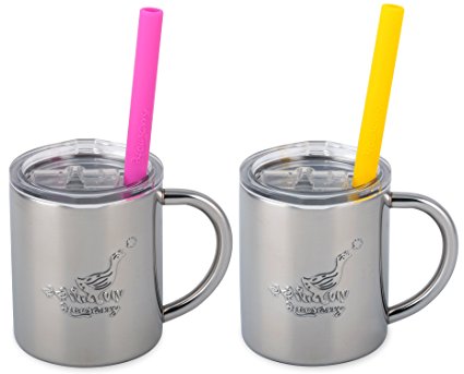 Housavvy Duck Stainless Steel Kids Cups with Lids and Straws, 2 PACK of 7.5 OZ