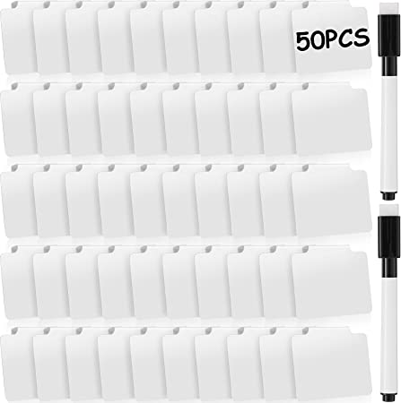 52 Pieces Basket Bin Labels Clip Kitchen Clip Label Holders Removable PVC Basket Labels Clip with Chalk Markers Dry Erase Liquid Marker Pens for Basket Pantry Box (White)