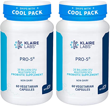 Klaire Labs Pro-5 Probiotic - 25 Billion CFU High Dose Multispecies Gut Recolonization Support for Men & Women, Hypoallergenic & Dairy-Free (60 Capsules, 2 Pack)