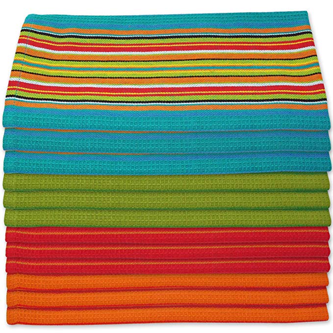 Kitchen Dish Towels Salsa Stripe - 100% Natural Absorbent Cotton (Size 28 x 16 inches) Festive Red, Orange, Green and Blue, 12-Pack