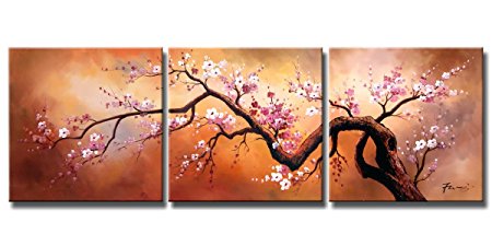 Ode-Rin Art Black Friday Sale 2016 Hand Painted Abstract Oil Paintings Pink Plum Blossoms Blooming In Golden Sky 3 Panels Wood Framed Inside For Living Room Art Work Home Decoration