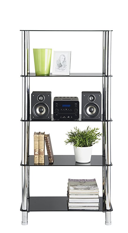 VonHaus 5 Tier Black Glass Shelving Unit with Sturdy Chrome Tube Legs & Tempered Glass