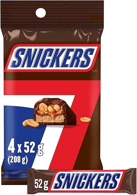 SNICKERS, Peanut Milk Chocolate Candy Bars, 4 Full Size Bars, 208g