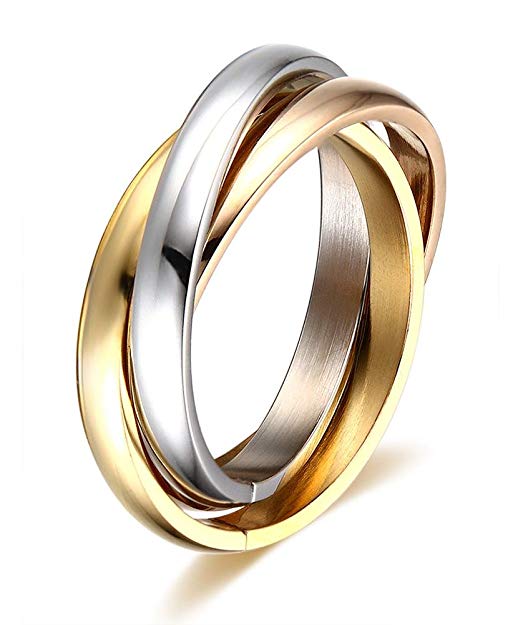 Stainless Steel Tri color Gold Plated,Rose, Tone Interlocked Rolling Wedding Band Ring for Women