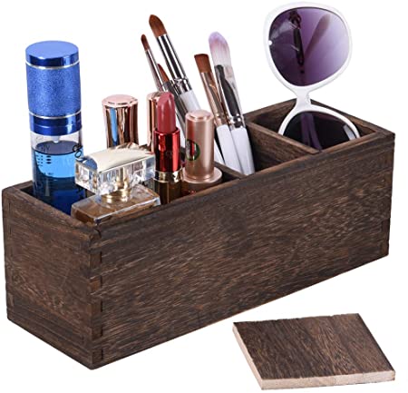 Makeup Brush Organizer with 2 Pack Makeup Sponge Holders, Wood Cosmetics Brushes Organizer Storage, Adjustable 4 Slots Vanity Makeup Brush Holder