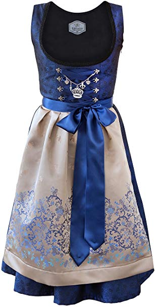 Edelnice Trachtenmoden Bavarian Women's Midi Dirndl Dress 2-Pieces  Apron RoyalBlue Gold