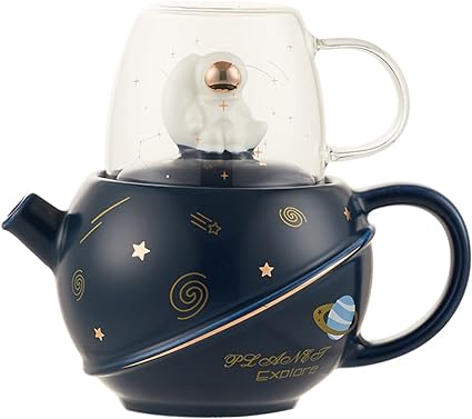YBK Tech Creative Astronaut-Design Tea for One, 14.5oz Ceramic Teapot and 6.2oz Glass Cup (Blue)