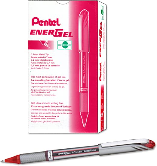 Pentel EnerGel NV Gel Ink Pen, (0.7mm), Medium Point Capped, Metal Tip, Red Ink, Box of 12 (BL27-B)