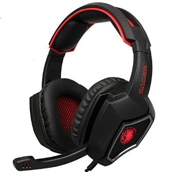 2016 New SADES Spirit Wolf 3.5mm Wired Stereo Gaming Headset Headband Headphones with Microphone Deep Bass Over-the-Ear Noise Isolating Volume Control LED Lights For PC Gamers (Black Red)