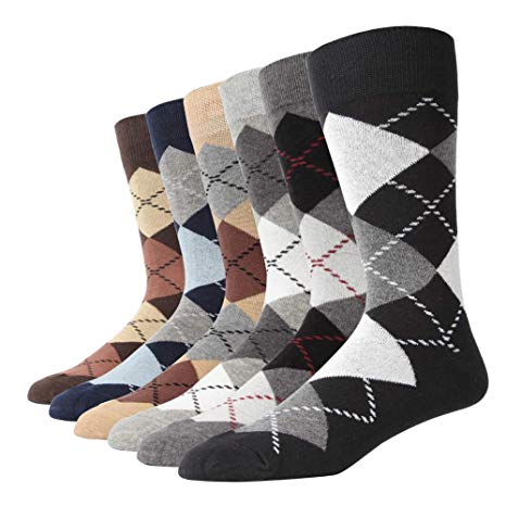 Gift Boxed Men's Dress Socks Big & Tall 6-Pack Argyle Striped Dark Color Classic Style