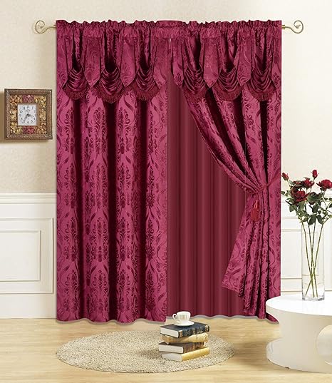 All American Collection New 4 Piece Drape Set with Attached Valance and Sheer with 2 Tie Backs Included (96" Length, Burgundy)