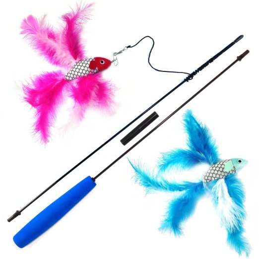 Pet Fit For Life 2 Fish and Feather Teaser and Exerciser For Cat and Kitten - Cat Toy Interactive Cat Wand