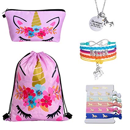 4MEMORYS Unicorn Gifts for Girls Including Unicorn Drawstring Backpack/Makeup Bag/Inspirational Necklace/Bracelet and Hair Ties