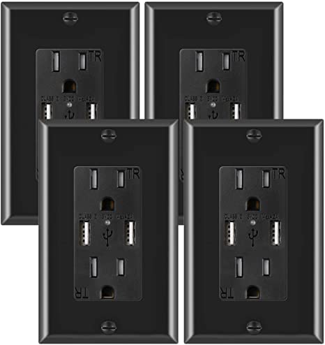 USB Outlet, USB Charger Wall Outlet Dual High Speed 4.2 Amp USB Ports with Smart Chip,15A/125V TR Tamper Resistant Receptacle Electrical Outlet, Wall Plate Included,ETL Listed, Black