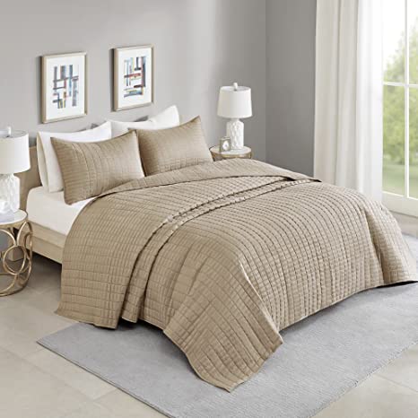 Comfort Spaces Kienna 3 Piece Quilt Coverlet Bedspread Ultra Soft Hypoallergenic Microfiber Stitched Bedding Set, Fabric, Taupe, Oversized King