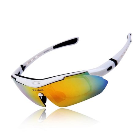 Polarized Cycling Sun Glasses Outdoor Sports Bicycle Glasses Bike Sunglasses Running Driving Racing Ski Goggles Eyewear Cool with Exchangeable 5 Lens White Frame