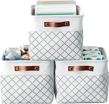 DECOMOMO Storage Bins | Fabric Storage Basket for Shelves for Organizing Closet Shelf Nursery Toy | Decorative Large Linen Closet Organizers with Handles Cubes (White Check, Extra Large - 3 Pack)