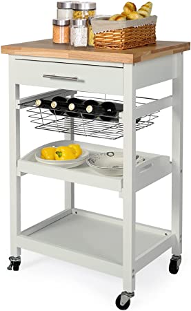 LAZZO Kitchen Island Serving Cart on Wheels, 4-Tier Rolling Kitchen Storage Cart with Utility Wood Tabletop, Lockable Kitchen Trolley Cart w/Drawer Shelves casters for Home Dining Room Office, White