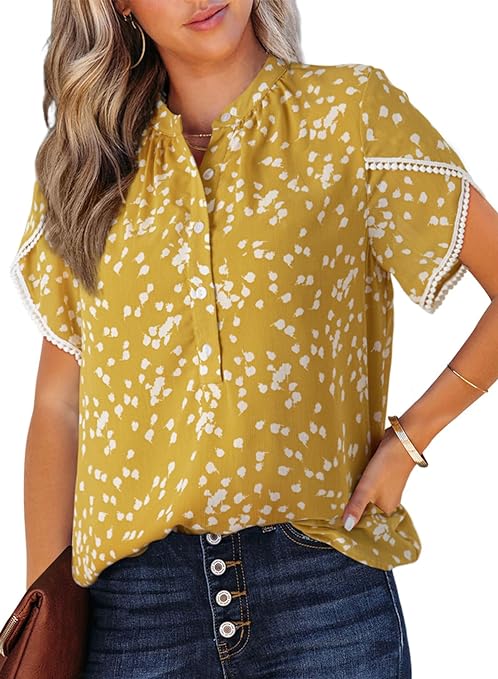 Dokotoo Womens Casual Boho Floral Print Short Sleeve Tops Half Button Down V Neck Chiffon Blouses Shirts