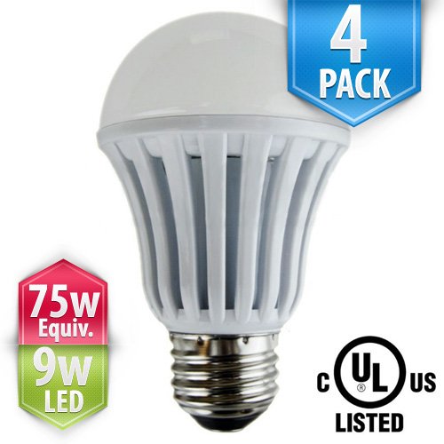 [4-PACK] PacLights Plus60 Extra Bright LED Light Bulbs, 9-watt, Warm White, 60w to 75w Equivalent Replacement (950 lumens), E26 Medium Base A19, UL Listed