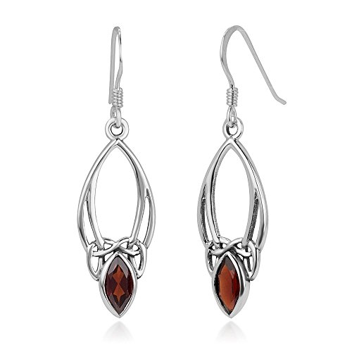 925 Sterling Silver Open Celtic Knot Symbol Red Garnet Gemstone Marquise Dangle Hook Earrings 1.5"