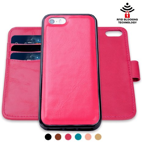 Apple iPhone SE,5,5s Wallet Leather Case,Shanshui Detachable 2in1 RFID Blocking Holster with Three Rfid Card Holders and One Cash Pocket with Slim Back Cover (Rose red)