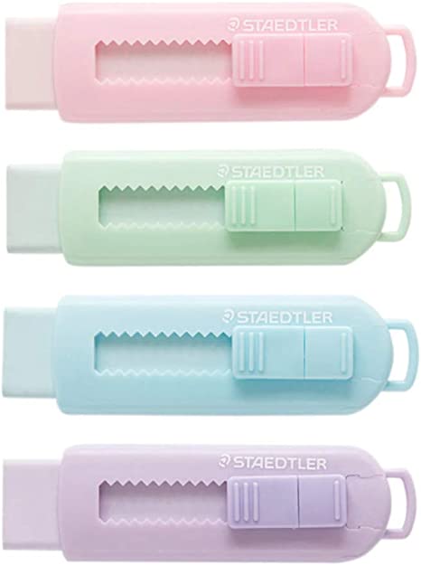 Staedtler Sliding retractable pencil eraser with plastic sleeve, assorted soft pastel color 4 Pack